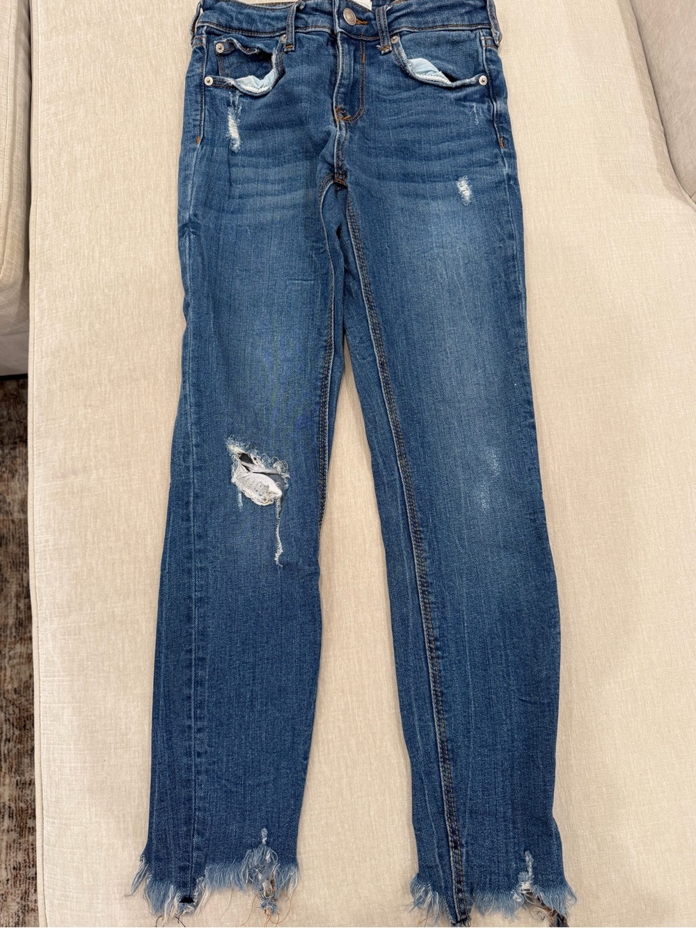 Zara Medium Blue Distressed Straight-Leg Jeans